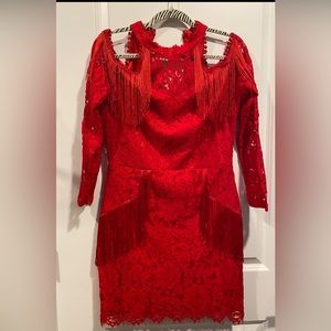 Fiery Red, lace dress w/shell inside.